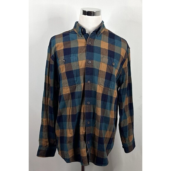 Duluth Trading Co Large Relaxed Fit Flannel Work Shirt Blue Beige Plaid Cotton - Picture 2 of 5